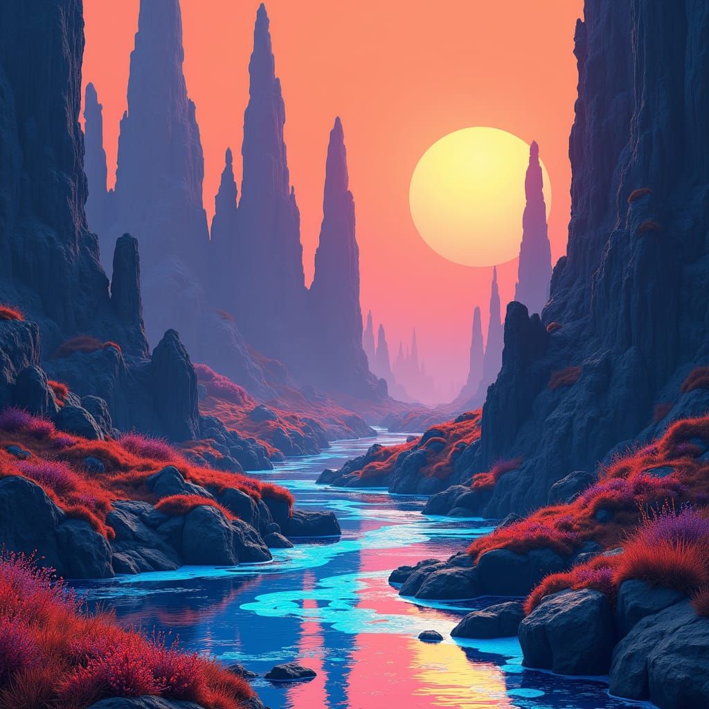 Mystical Landscape in Retro Risograph Style