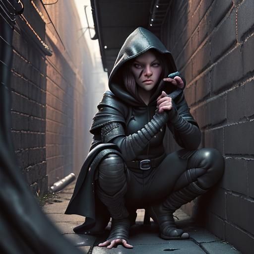 Fantasy Rogue Scouting in Dark Alleyway