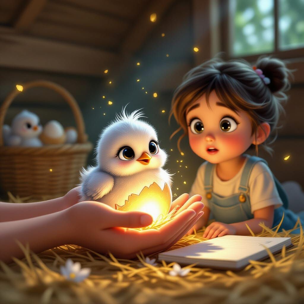 Otherworldly Chick Hatching in Coop, Pixar Style