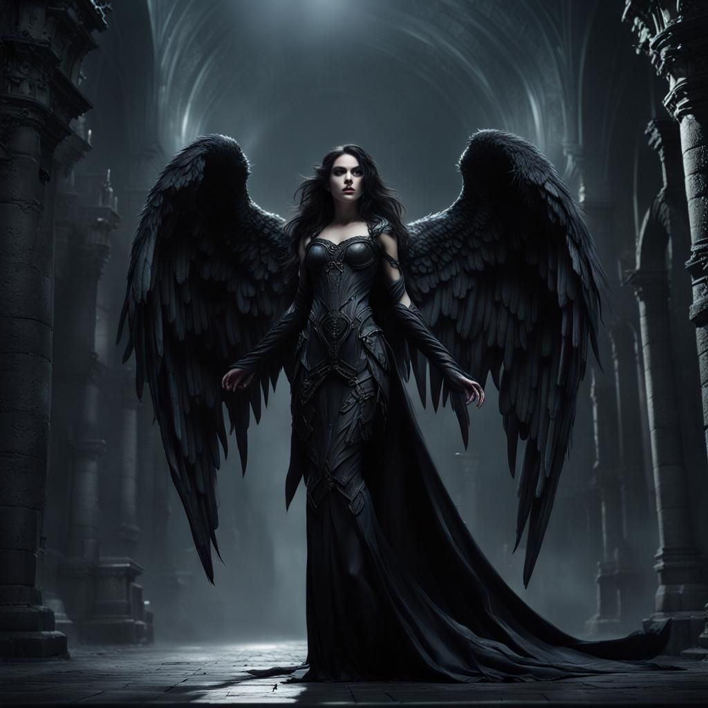 Dark Angel and Creature in Infernal Castle Art