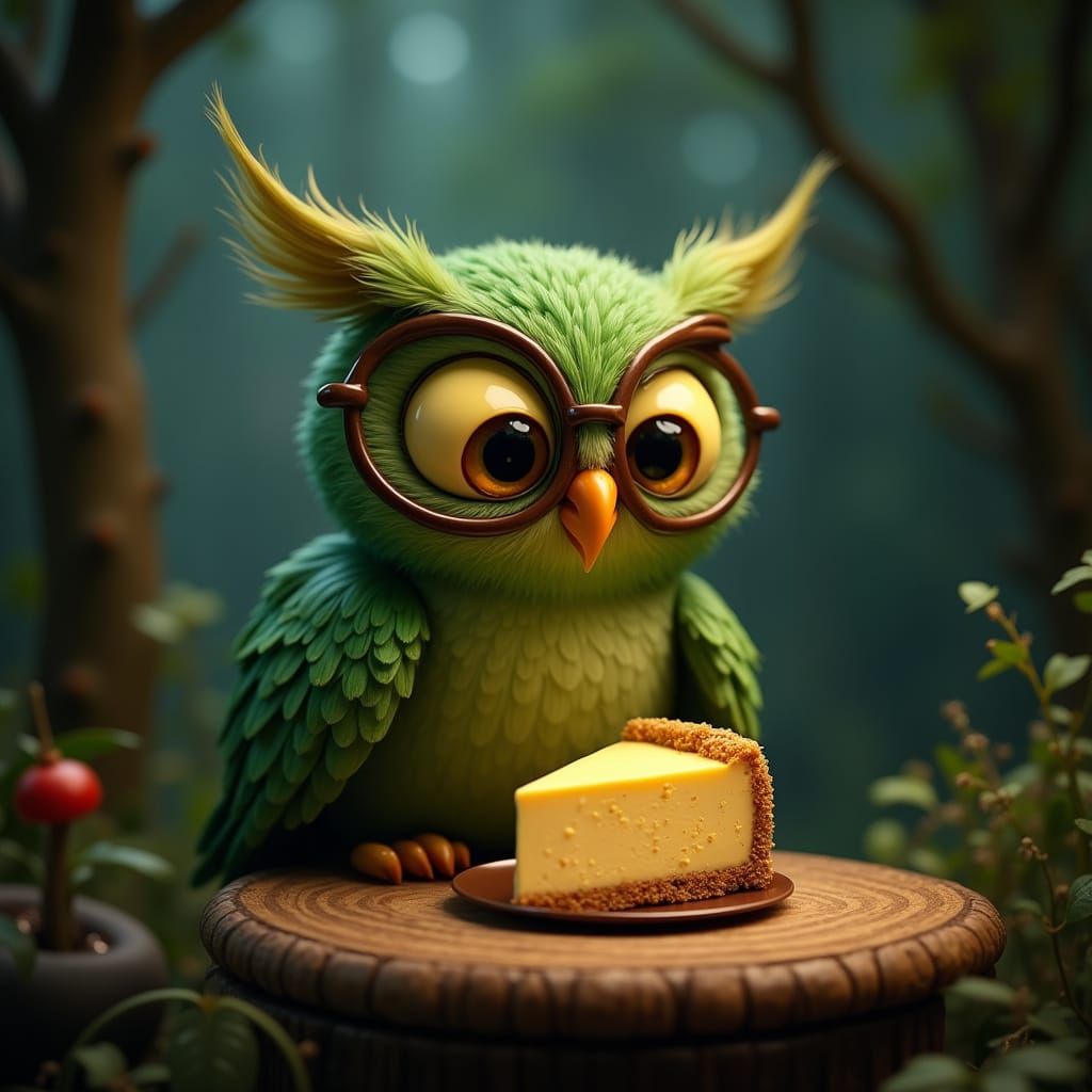 Whimsical Owl Savoring Midnight Cheesecake