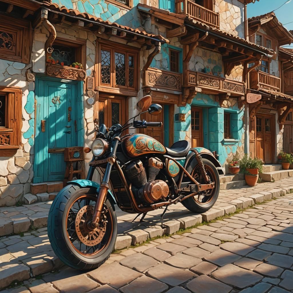 Copper Motorcycle in Bulgarian Village, as Impasto