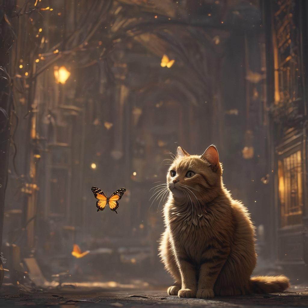 Golden Lights: Cat and Butterfly in Fantasy Art
