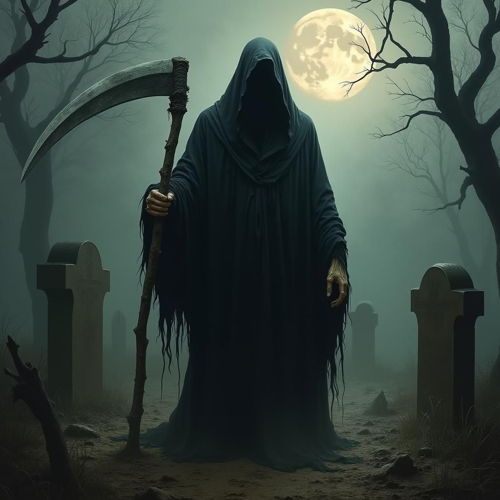 Grim Reaper in Graveyard under Harvest Moon