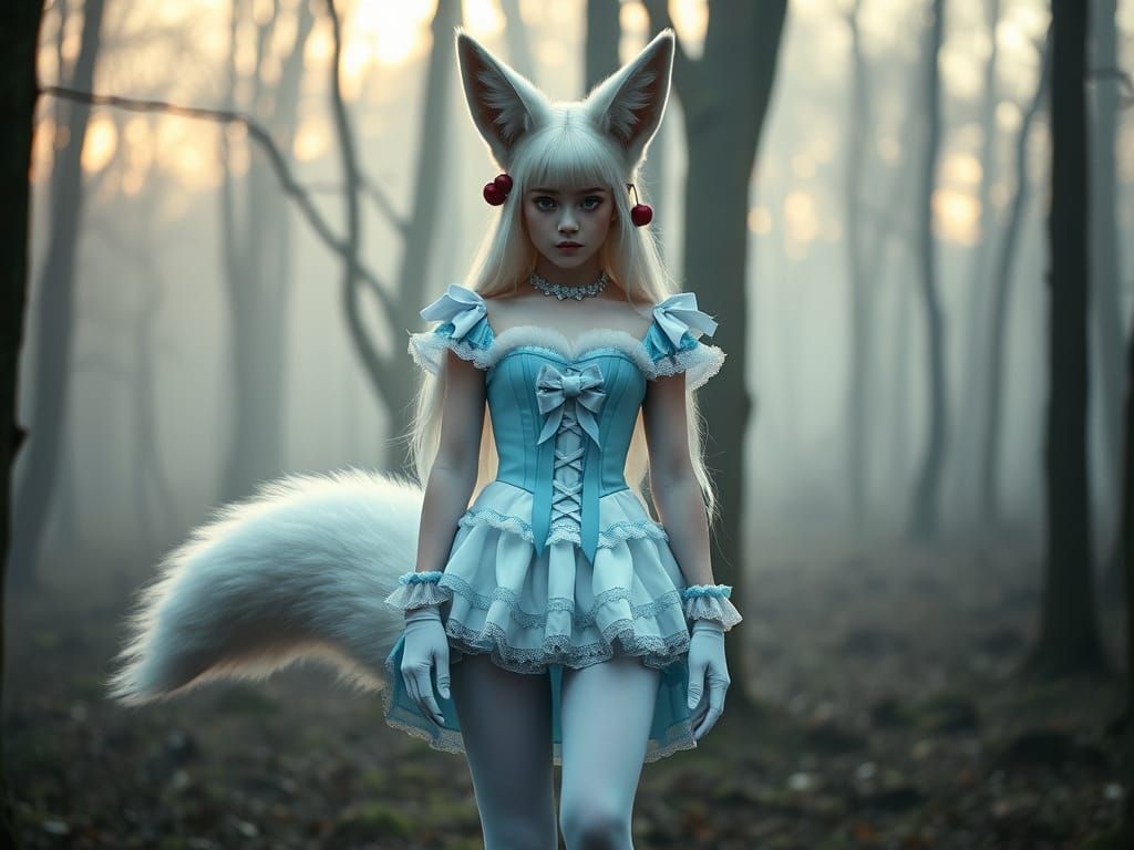 Fox-Eared Girl with Cherries in Misty Forest