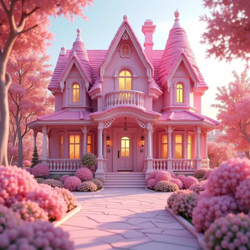 Whimsical Pink House with Lush Surroundings