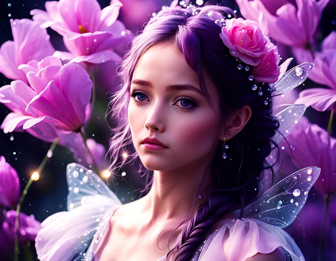 Ethereal Fairy in Flowery Universe with Dew Drops