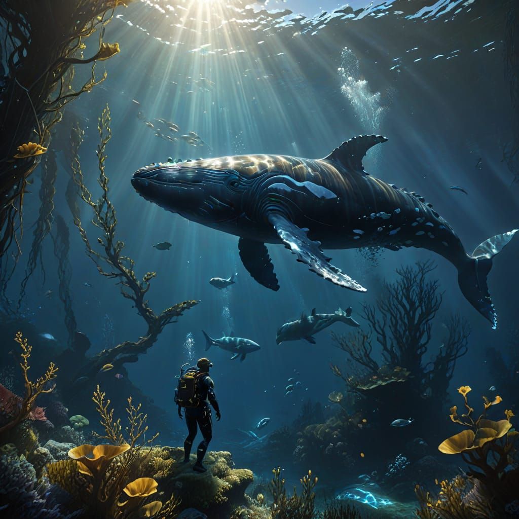 Diver and Whale Meeting in Kelp Forest