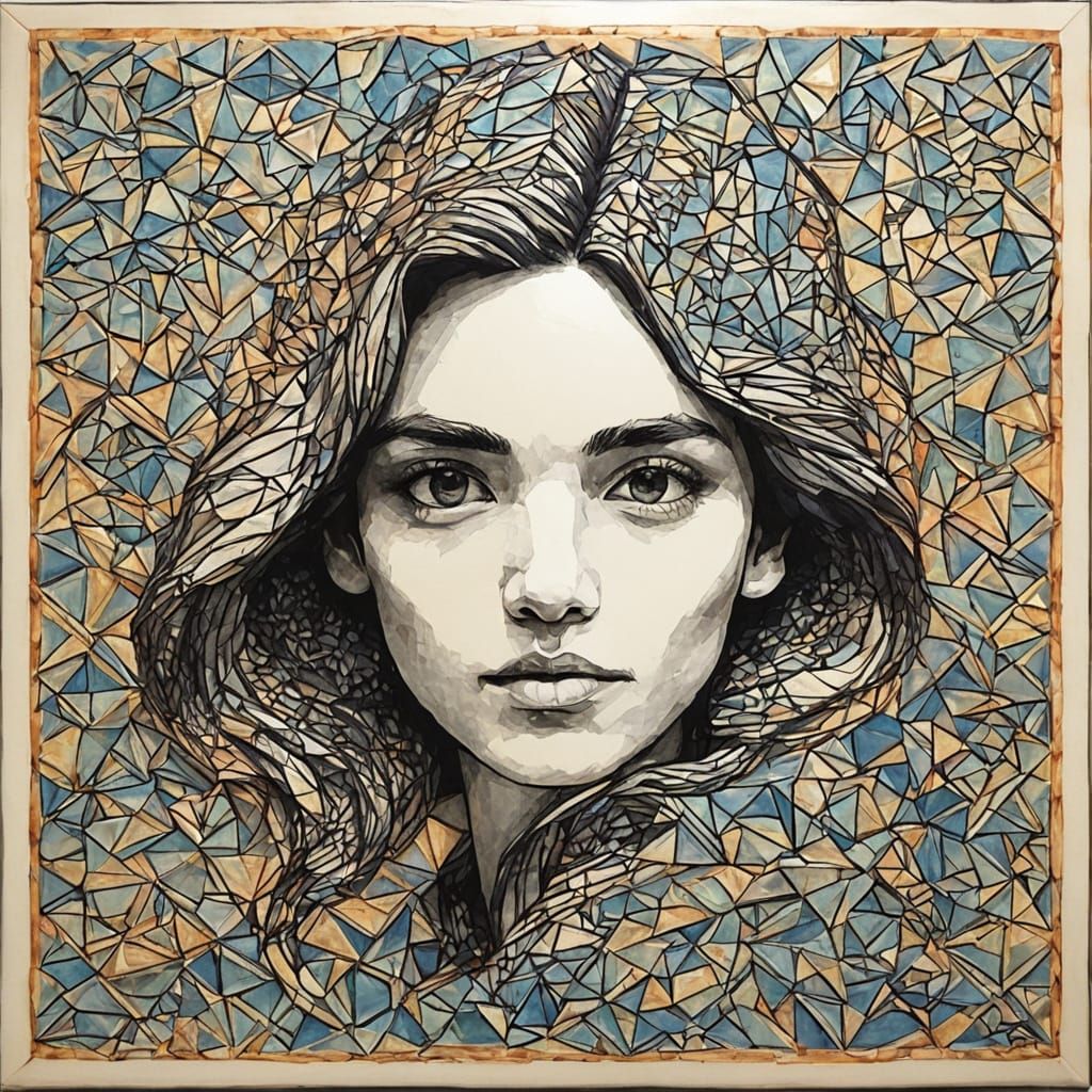 Geometric Portrait in Tessellation, Encaustic, Zentangle