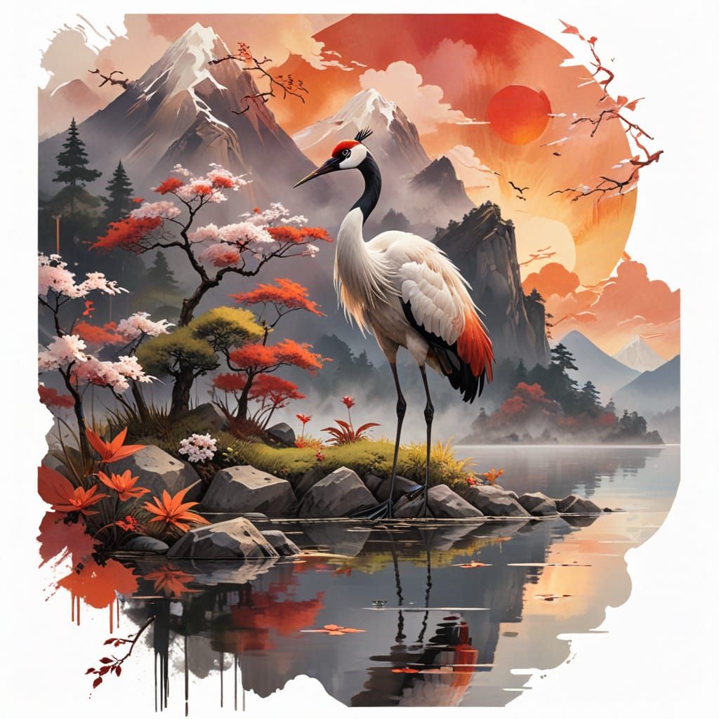 Abstract Red-Crowned Crane in Sunset Glow