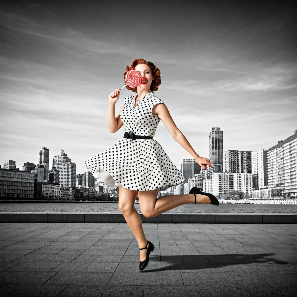 Dancing 1950s Woman with Lollipop in High Contrast