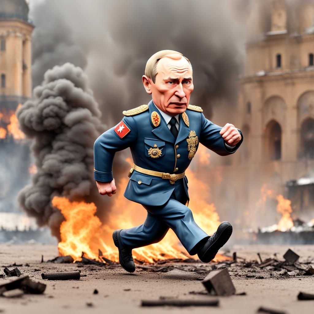 Putin Caricature Running from Burning Kremlin