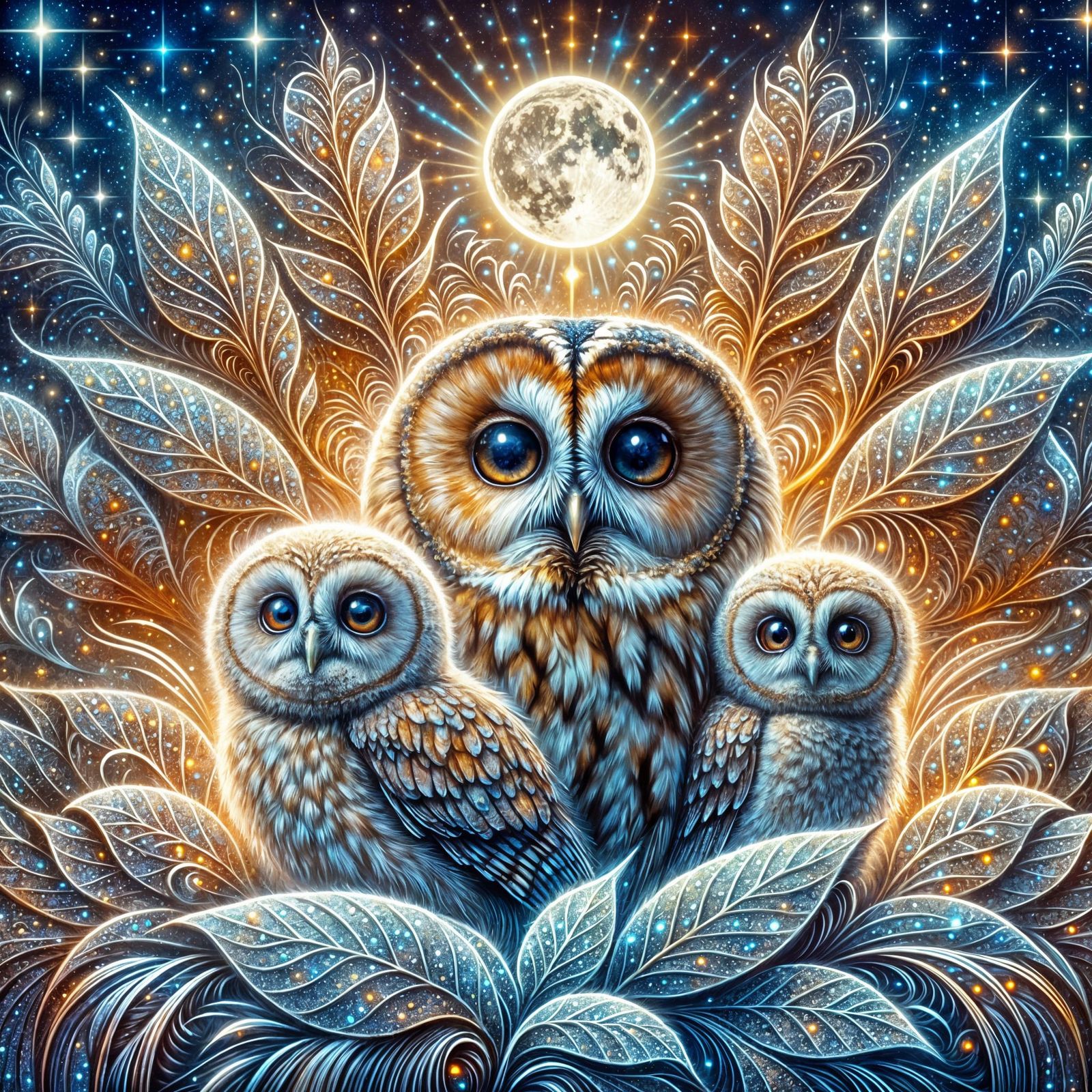 Owl with her owlets, in the frosty leaves by moonlight.