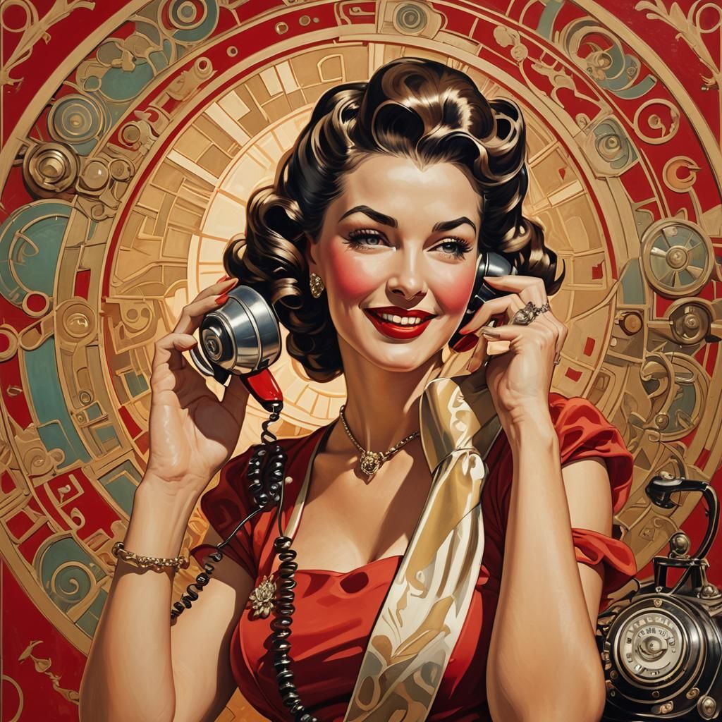 1940s Pin-Up Girl on Telephone in Art Nouveau Style