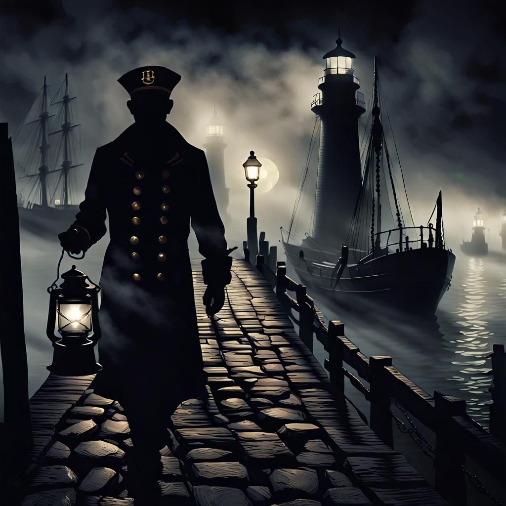 Eerie Sailor with Lantern in Foggy Harbor