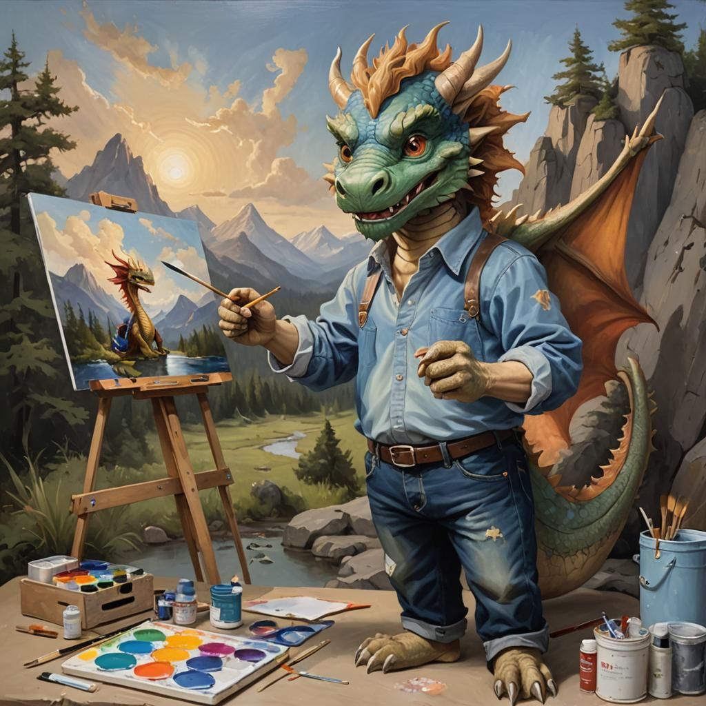 Anthropomorphic Dragon Painter in an Oil Painting