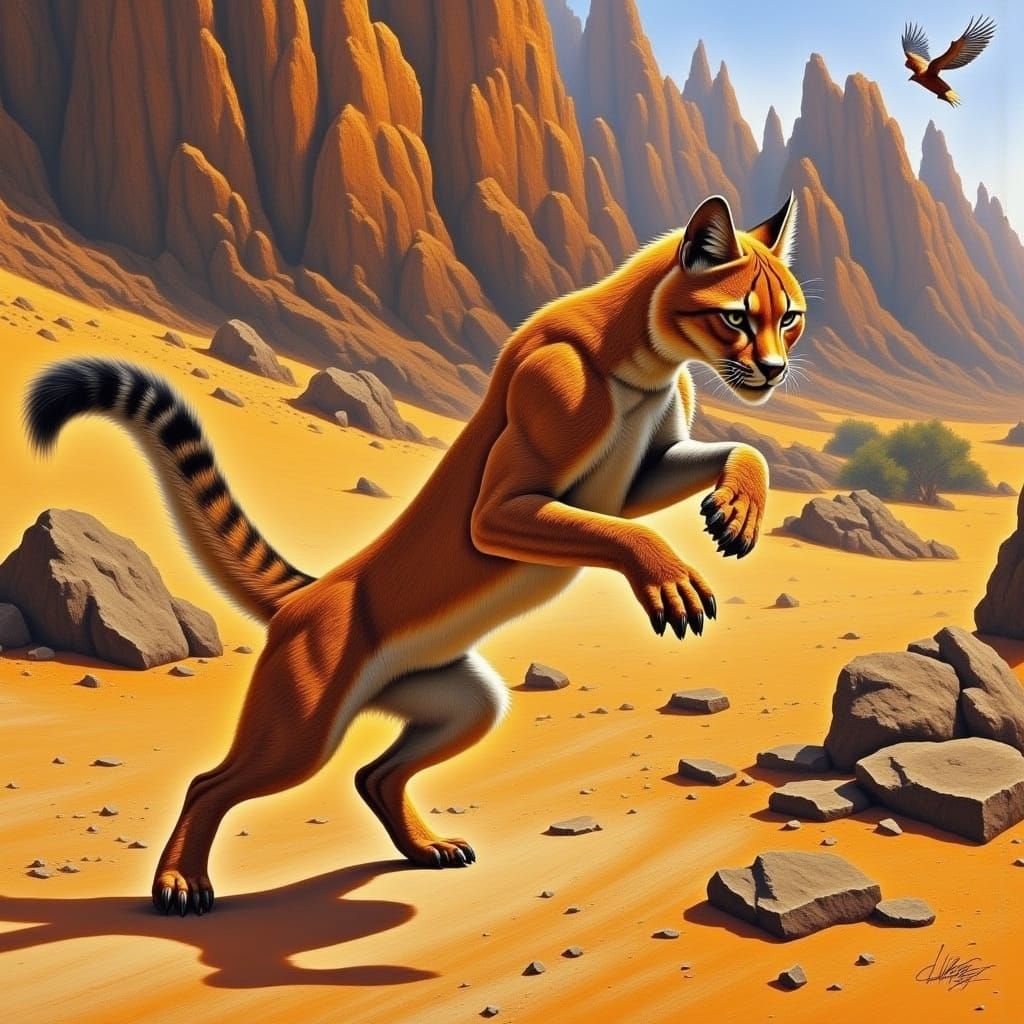 Majestic Caracal Leaps Through Golden Desert Light