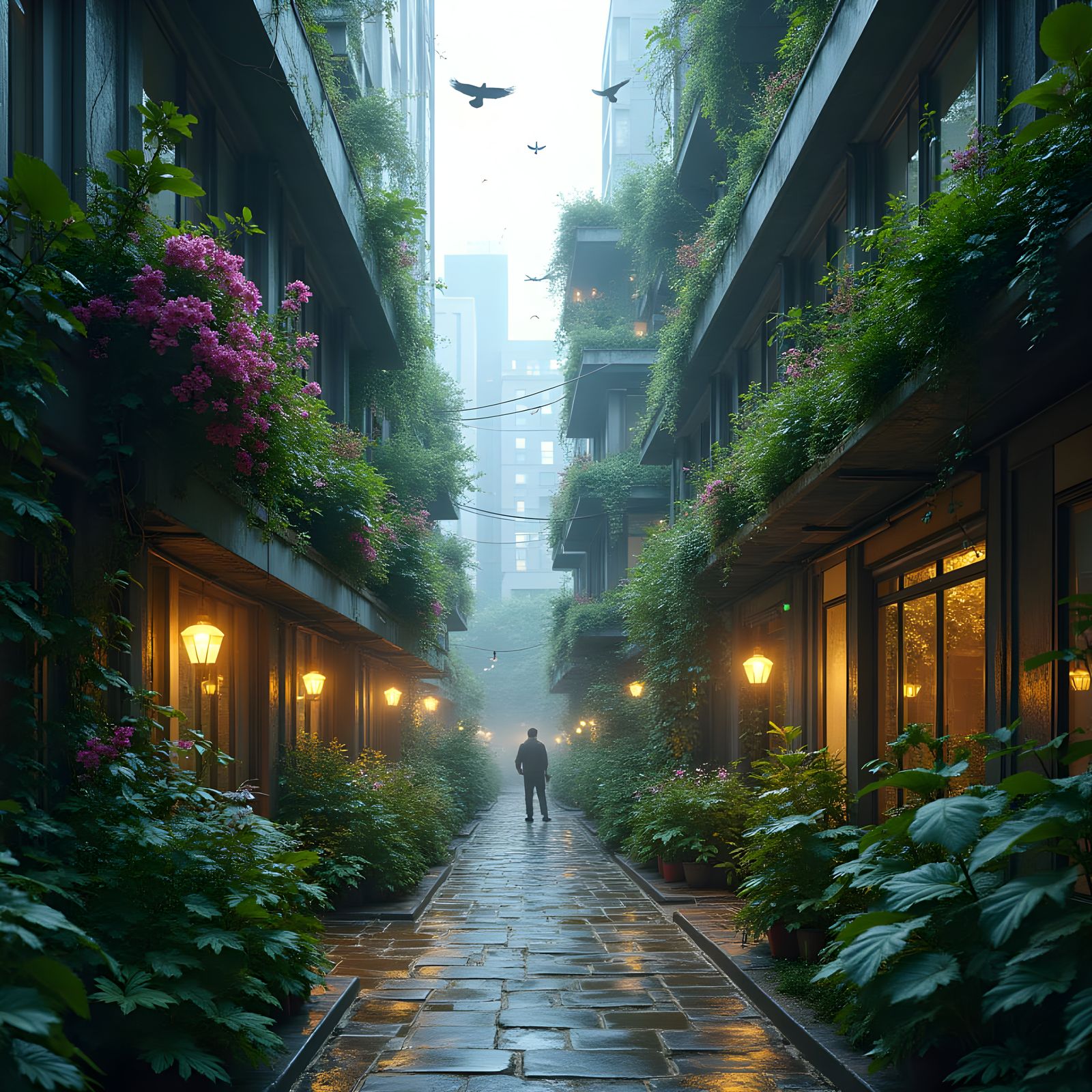 Eco-Cyberpunk Alleyway in Vibrant Bloom