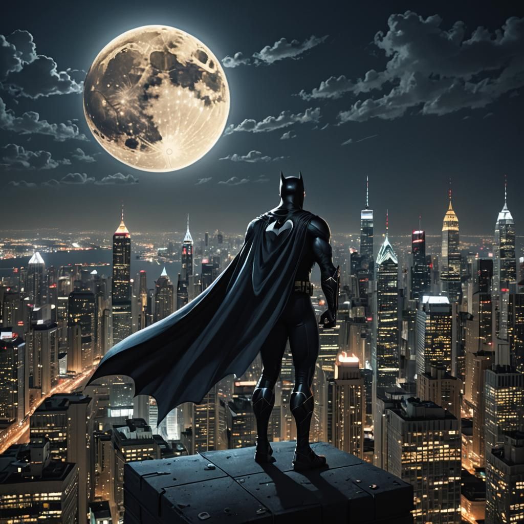 Superhero with Bat Motif Overlooking City at Night