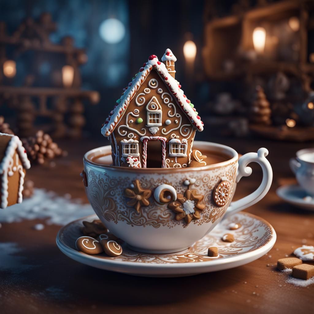 Gingerbread House in Teacup: Fantasy Concept Art
