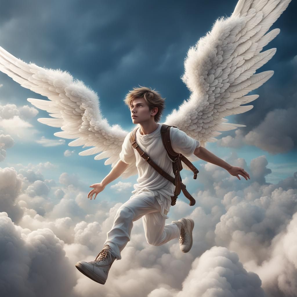 Teenage Angel Soaring Through Clouds: Fantasy Art