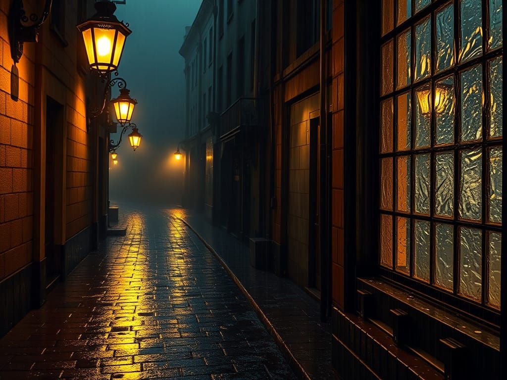 Misty Victorian Alleyway Illuminated by Golden Street Lamps