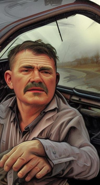 An old truck driver in his cab sits with his dog on the fron...