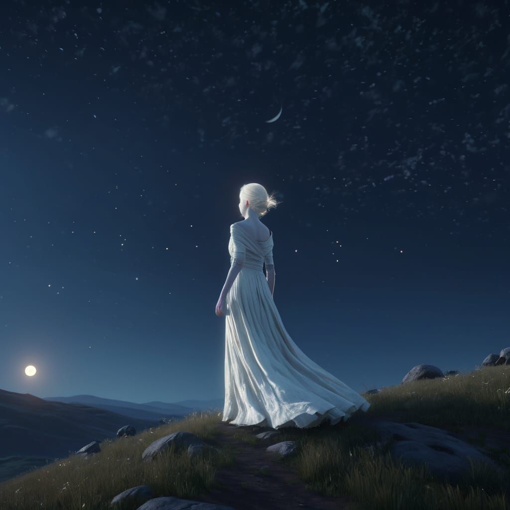 Albino Woman on Windswept Hill Under Moonlight