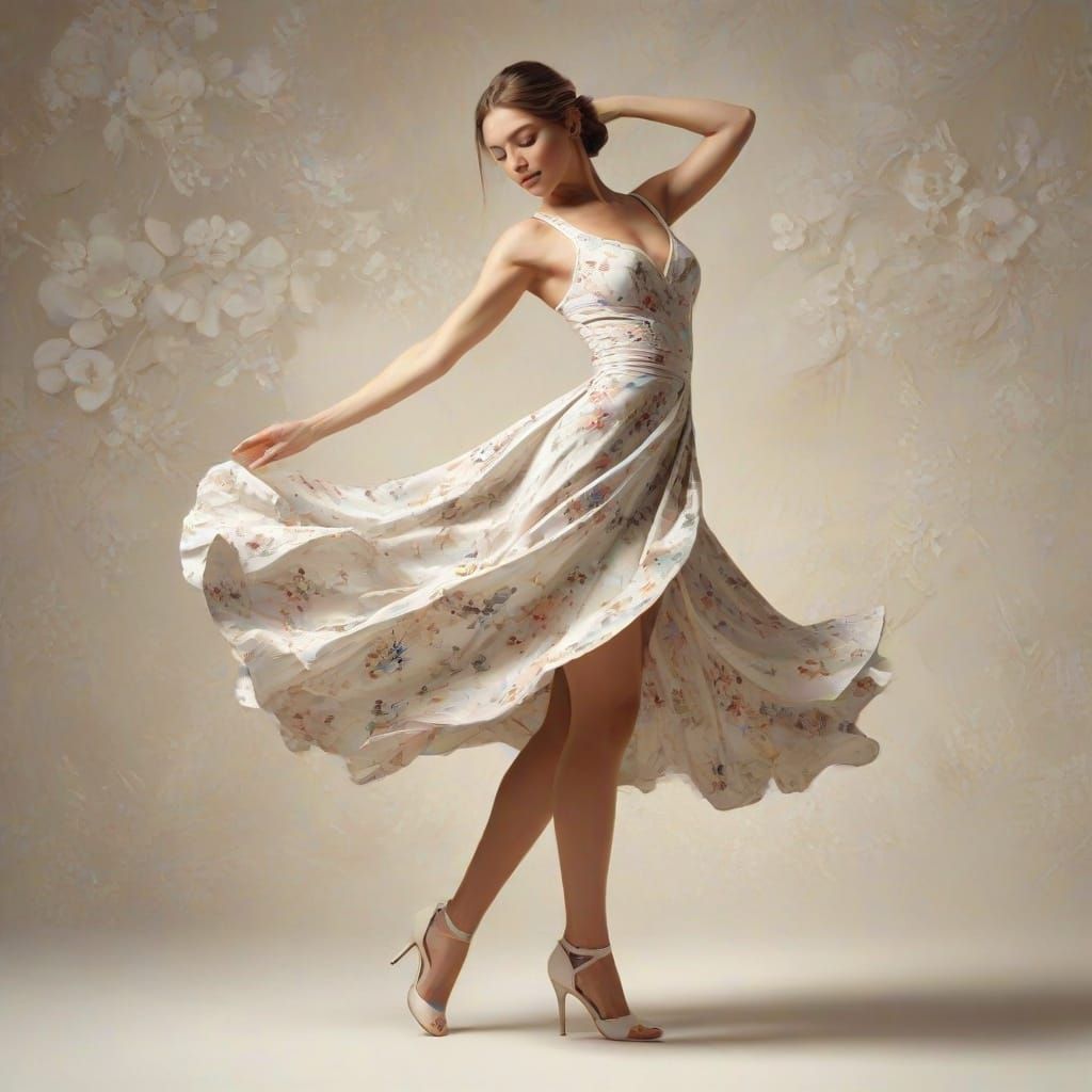 Female Dancer in Floral Dress, Impasto Painting Style