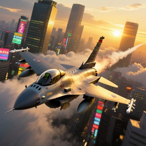 F-16 Jet Soars Over Neon Tokyo at Golden Hour