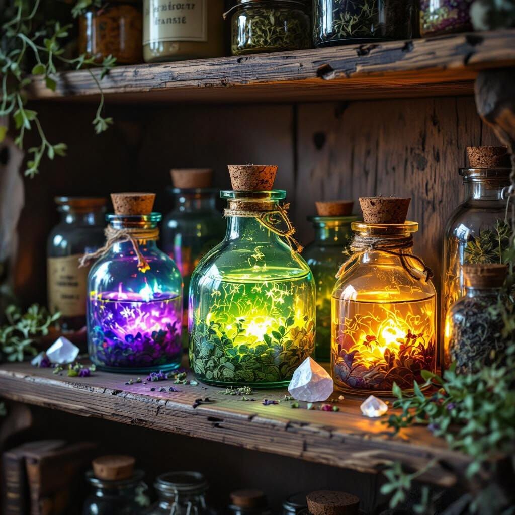 Glowing Potions and Spell Jars in Fantasy Style