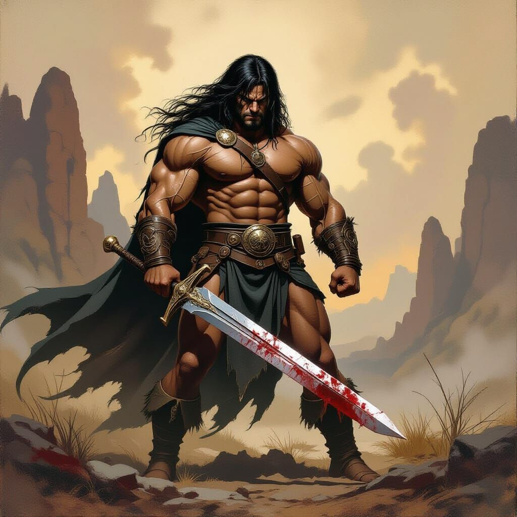 Conan the Barbarian's Victory in Dark Fantasy Landscape