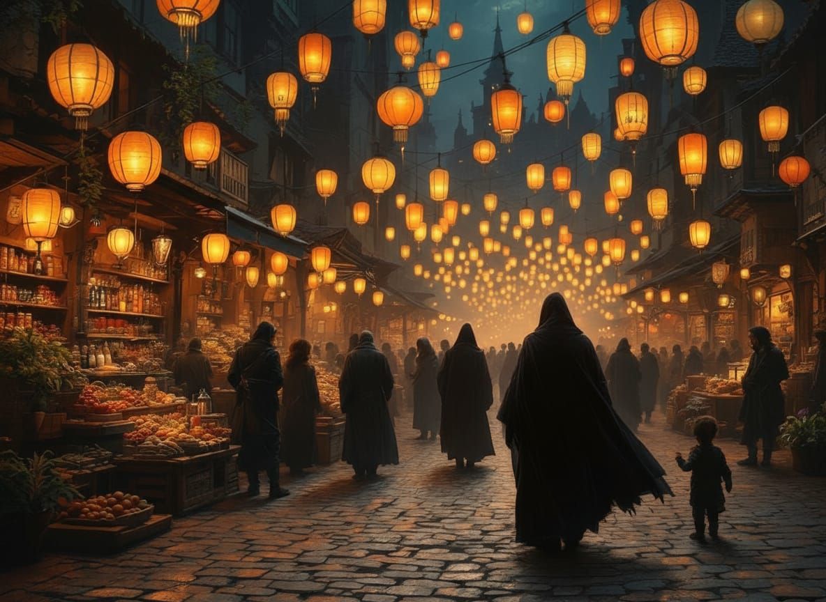Medieval Market Aglow: A Surrealist Oil Painting