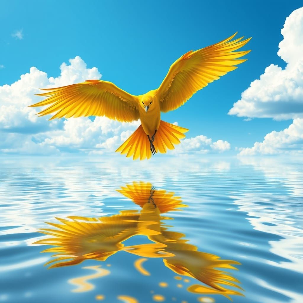 Sunny Yellow Bird Takes Flight in Serene Blue Sky