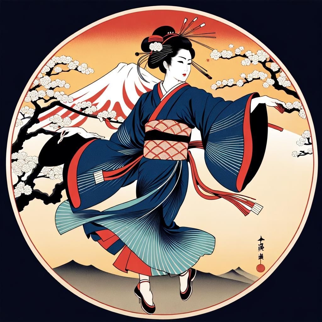 Japanese Dancer: Elegant Ukiyo-e Art of Mount Fuji