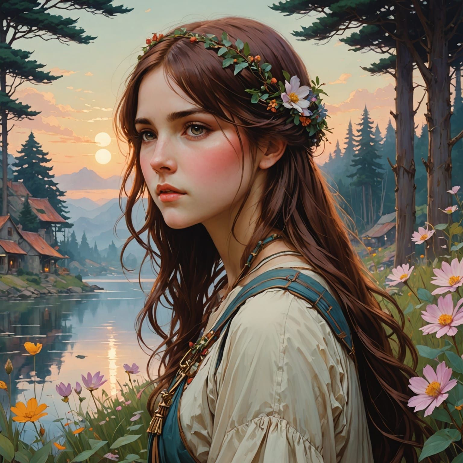 A Dreamy Scene by the Lake in Vibrant Colors