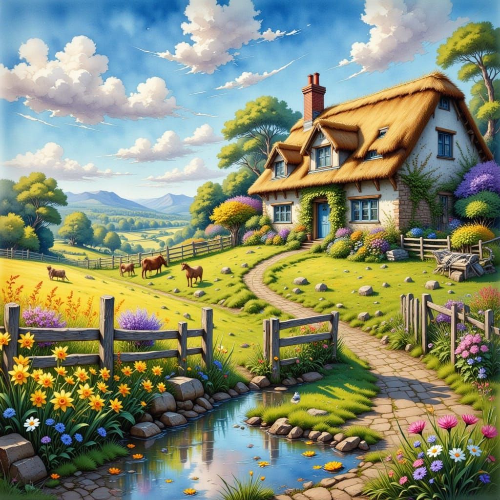 Idyllic English Countryside: Neo-Impressionist Oil Painting