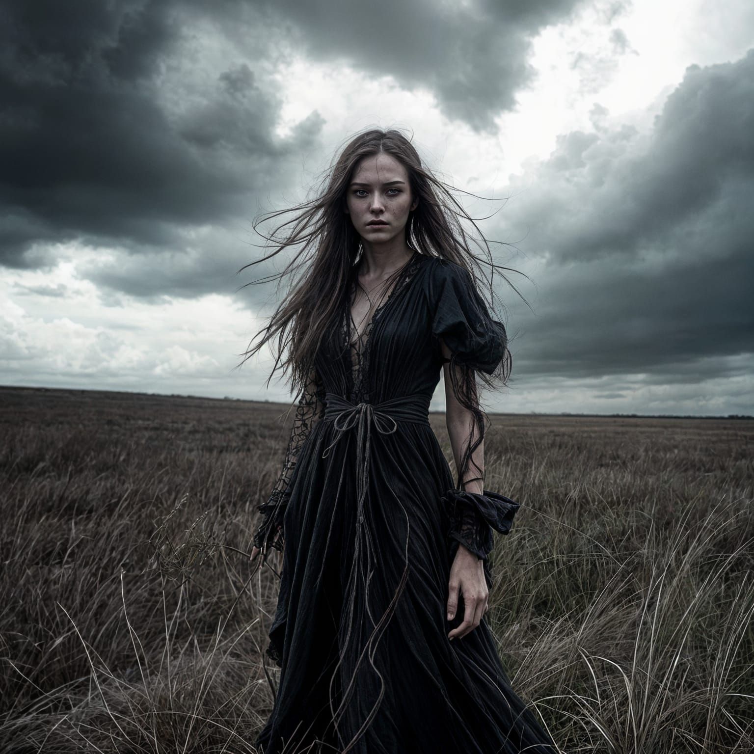 Ethereal Woman in Stormy Field, Gothic Surrealism