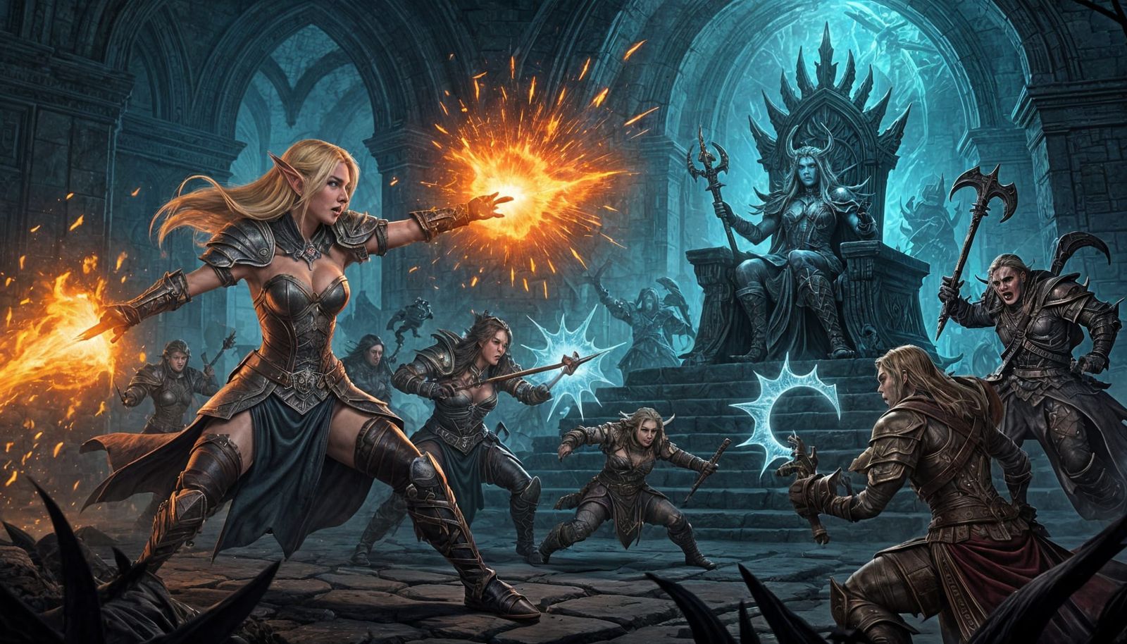 Elf Warrior Hurls Firebolts at Castle in Dark Fantasy Art