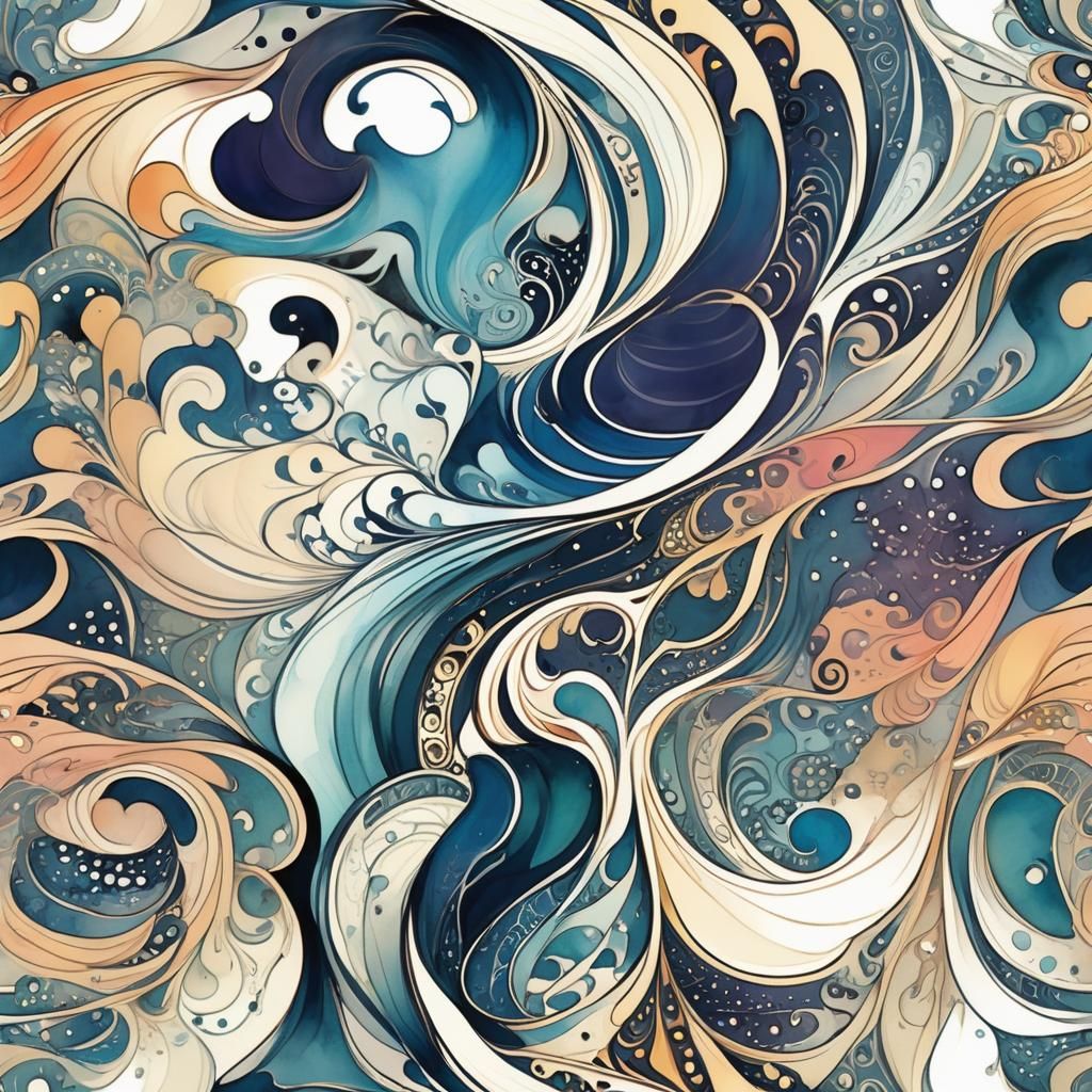 Elegant Curvilinear Ink Art with Watercolor Accents