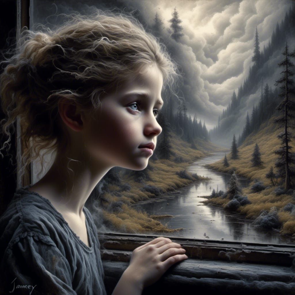 Contemplative Beauty Gazing Out Window, Oil Painting Style