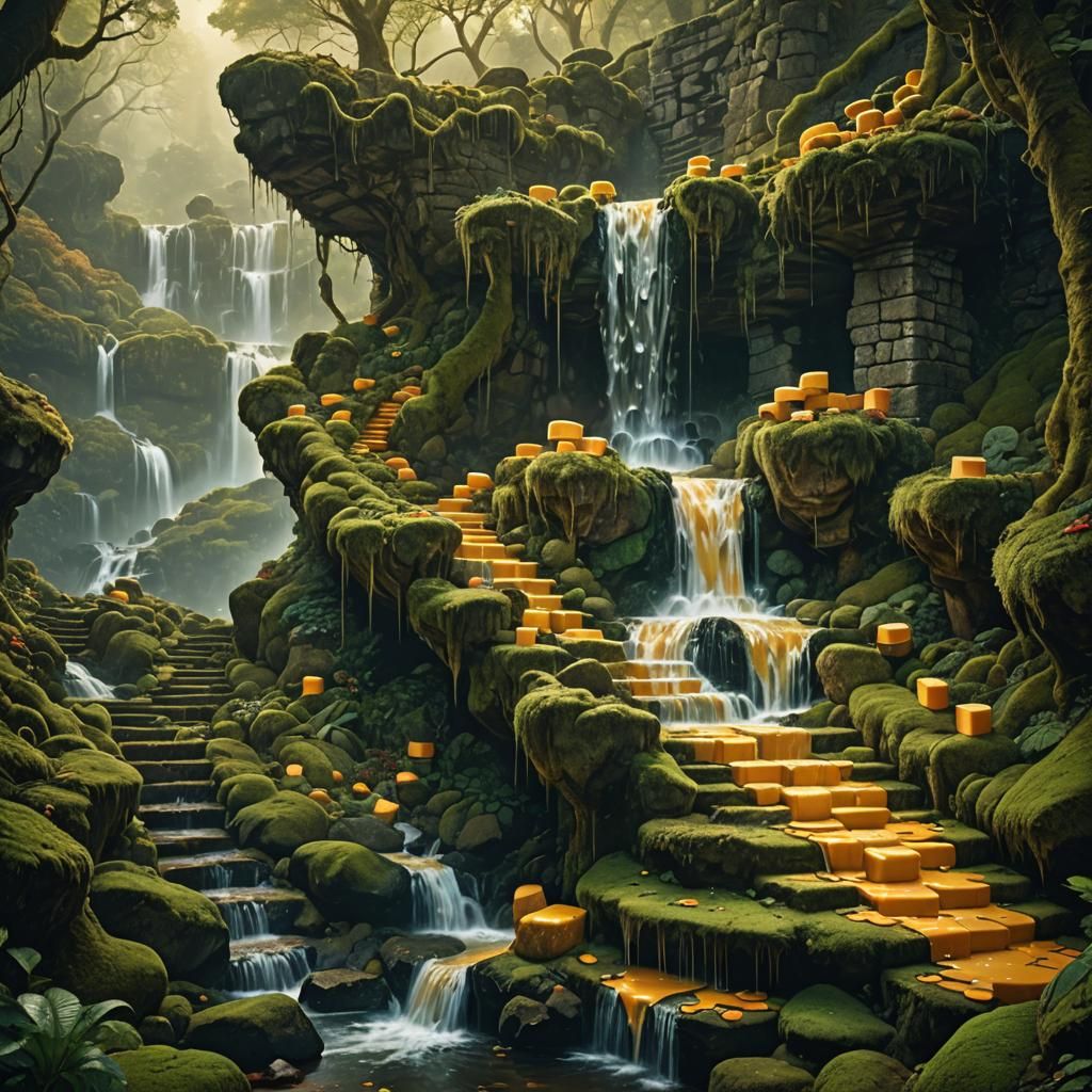 Glowing Cheese Waterfall in Lush Forest: Fantasy Art