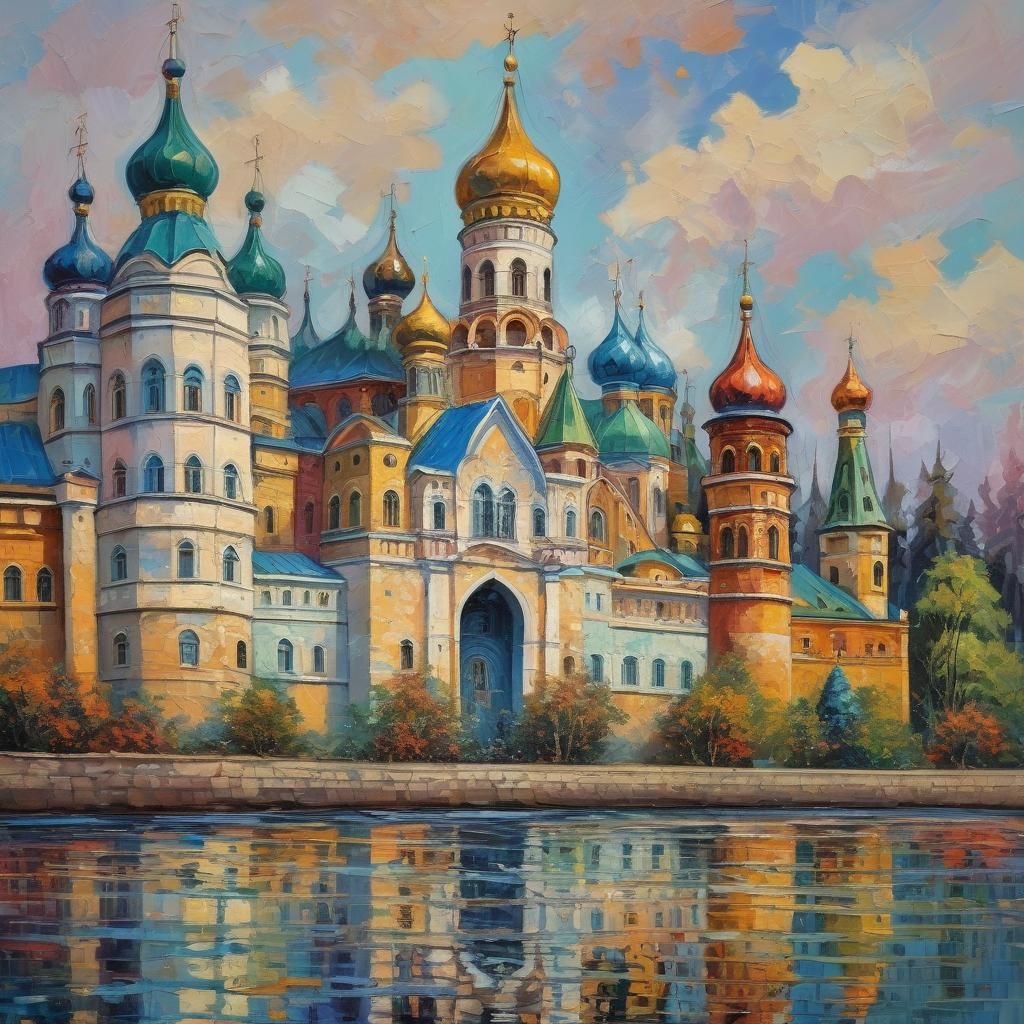 Russian palace landscapes neo-impressionism expressionist style oil painting, smooth post-impressionist impasto acrylic ...