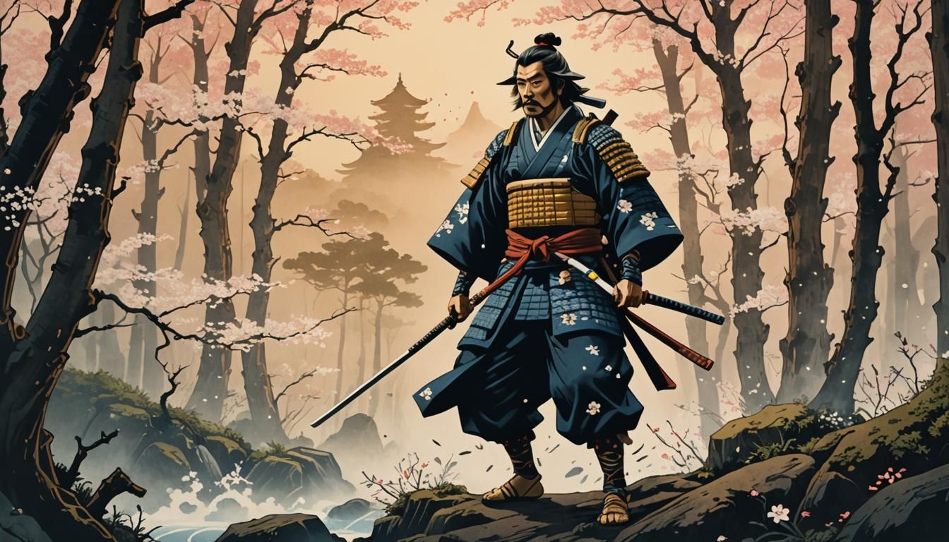 Samurai in Mystical Forest: Ukiyo-e Woodblock Print