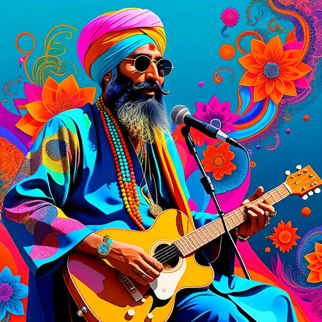 Sikh Musician in Vibrant Turban, Playing Electric Guitar in ...