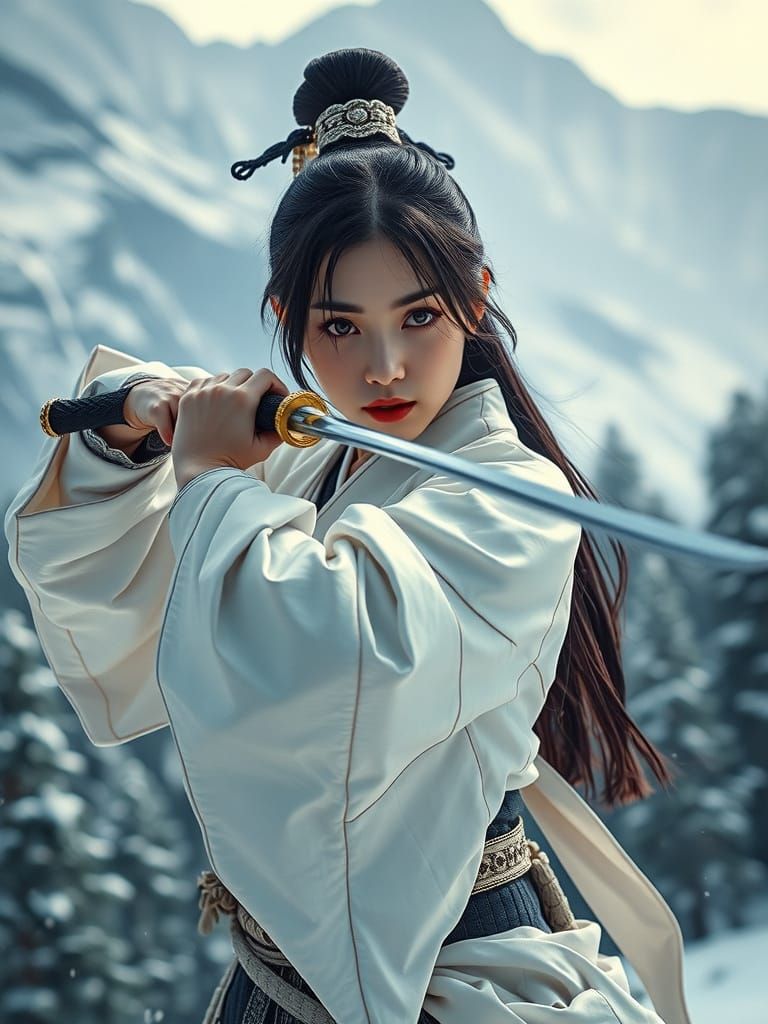 Japanese Warrior Woman with Sword in Winter Forest