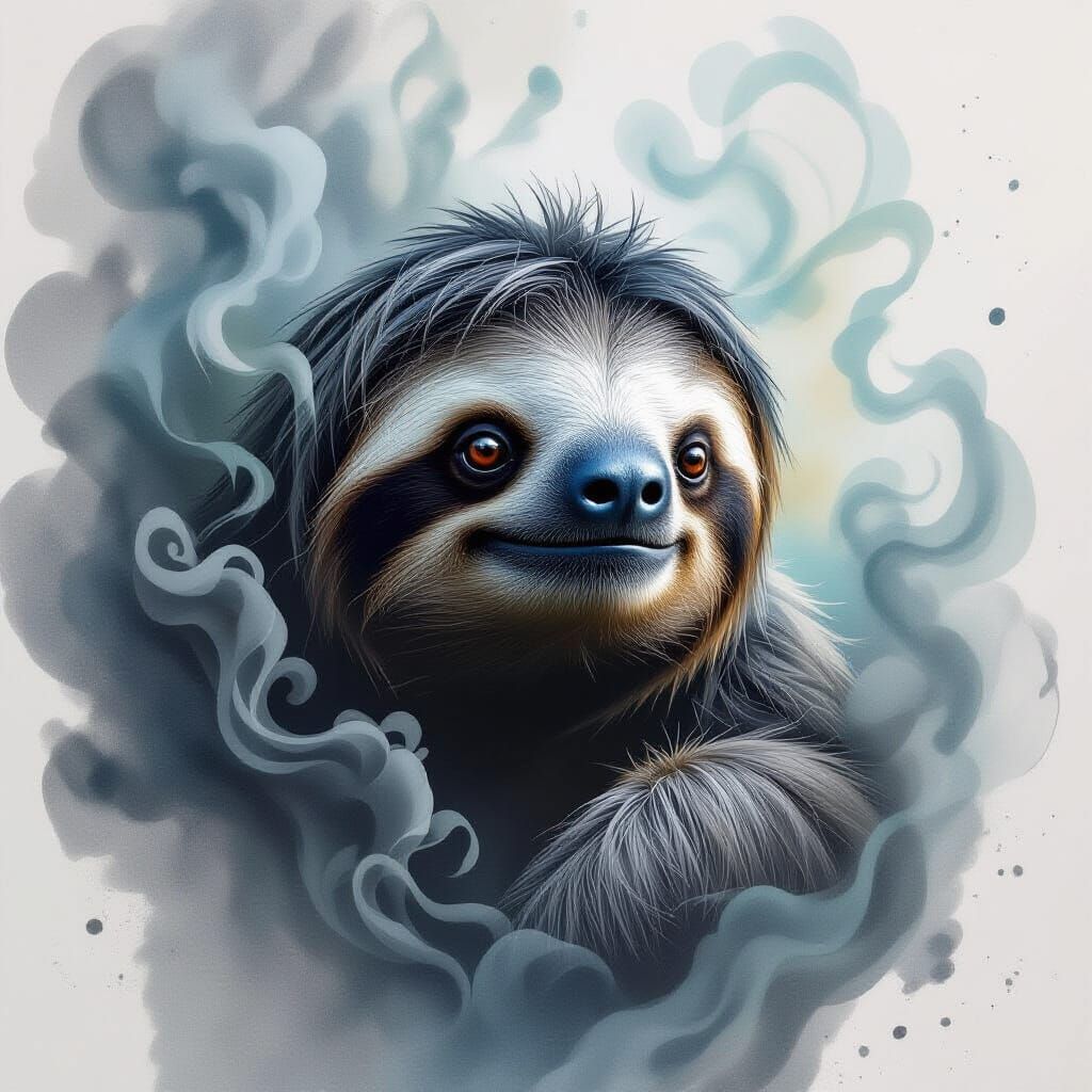 Detailed Sloth Sketch with Ethereal Smoke and Watercolor Was...