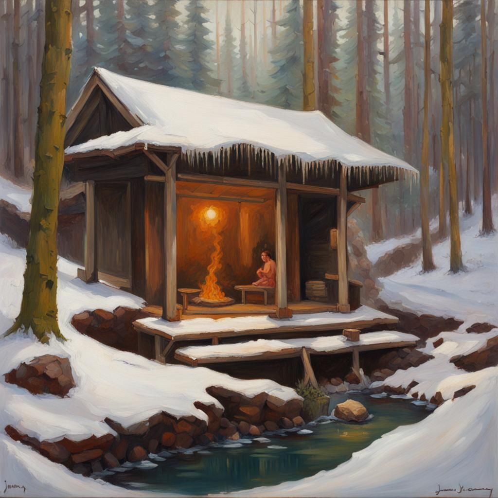 Winter Hot Spring in Botanical Forest: Oil Painting