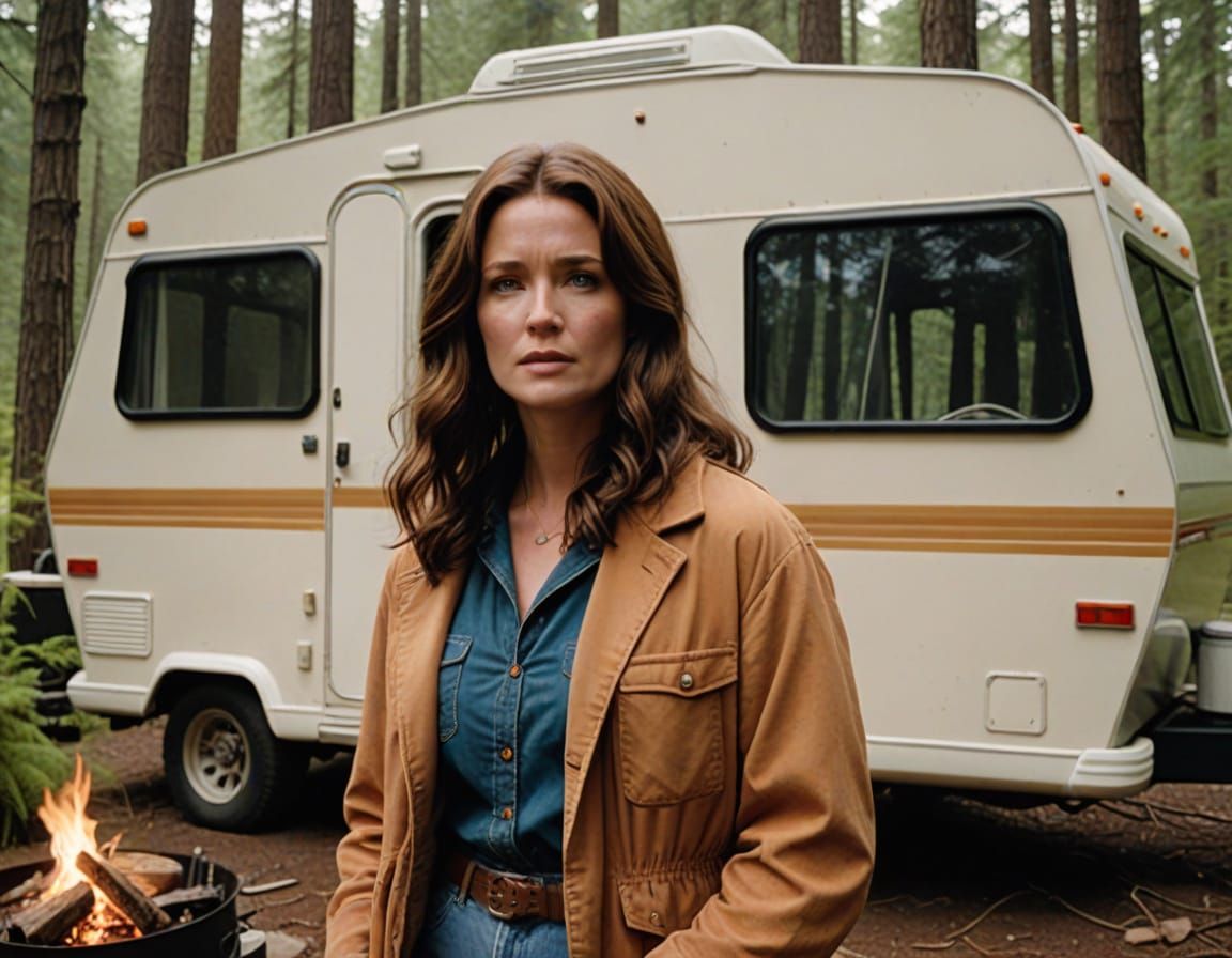90s Brunette Woman in a Forest RV