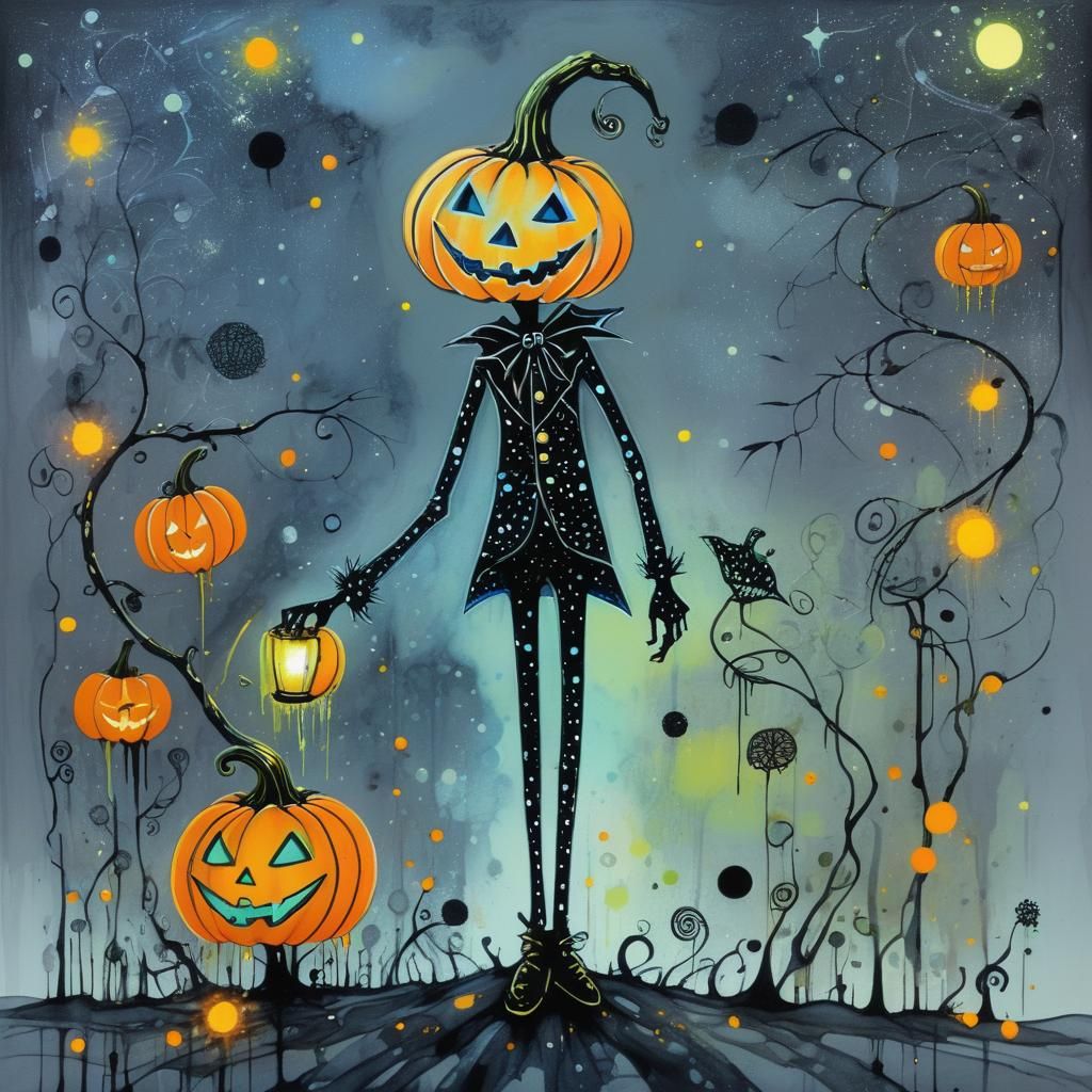 Whimsical Pumpkin Head in Contemporary Pointillism Art
